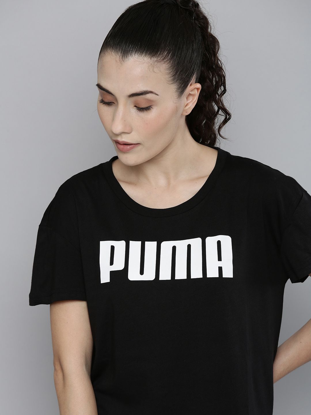 Puma Women Black & White RTG Logo Printed Loose T-shirt Price in India