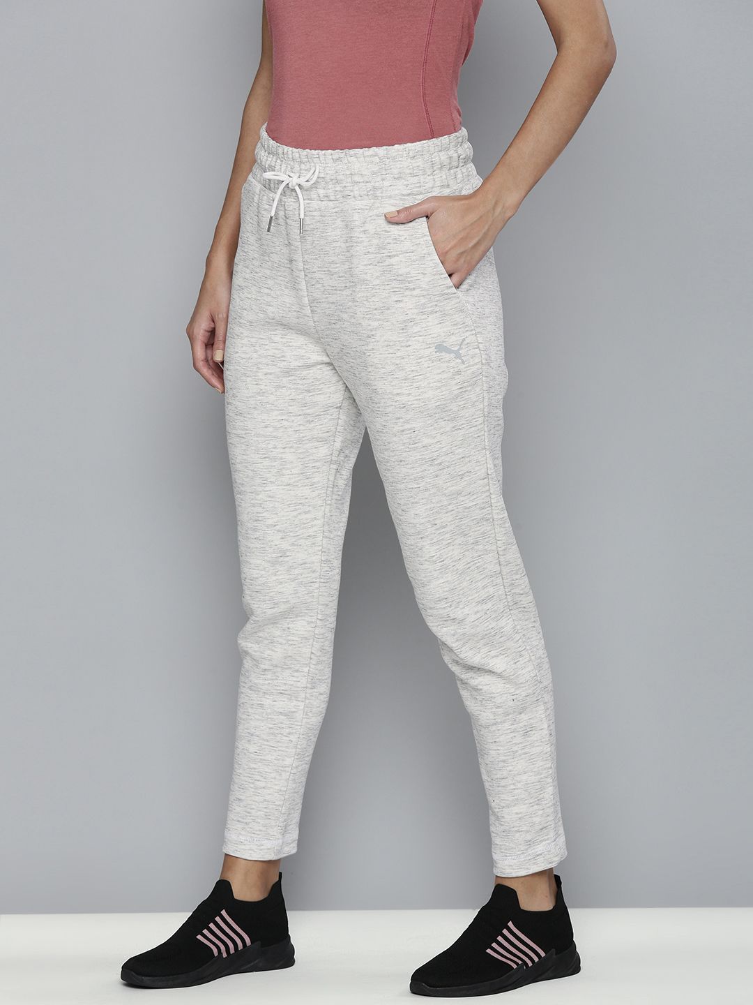 Puma Women Grey Melange Solid dryCELL Evostripe Knitted Track Pants Price in India