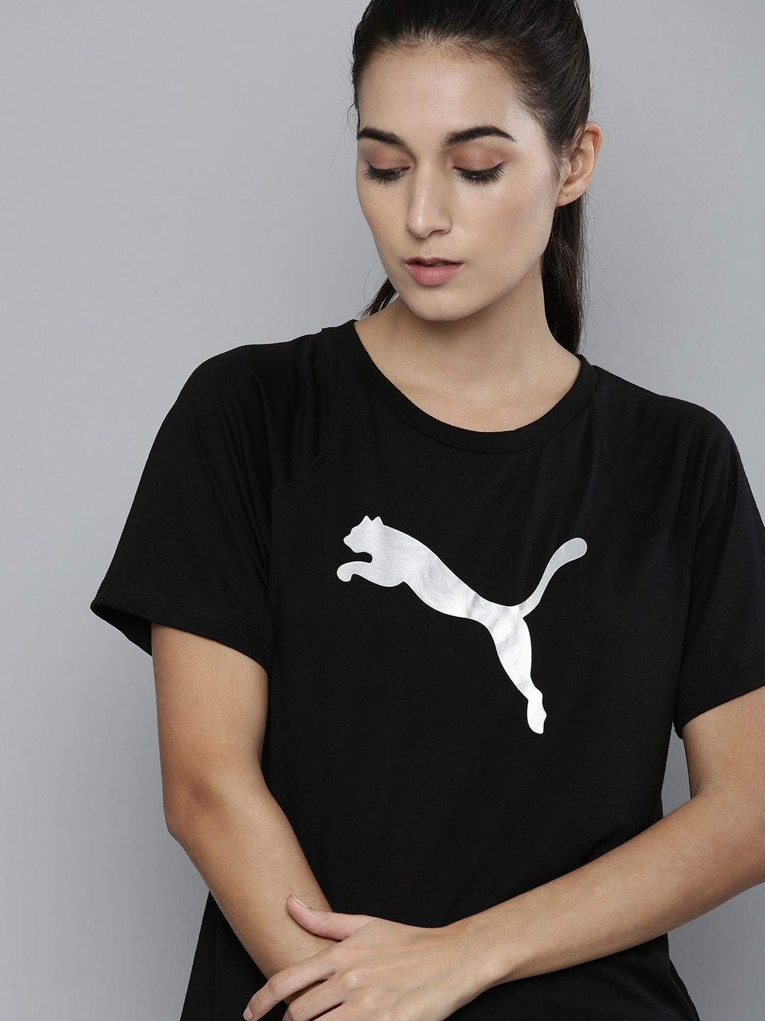 Puma Women Black Brand Logo Relaxed Fit dryCELL Evostripe Printed T-shirt Price in India