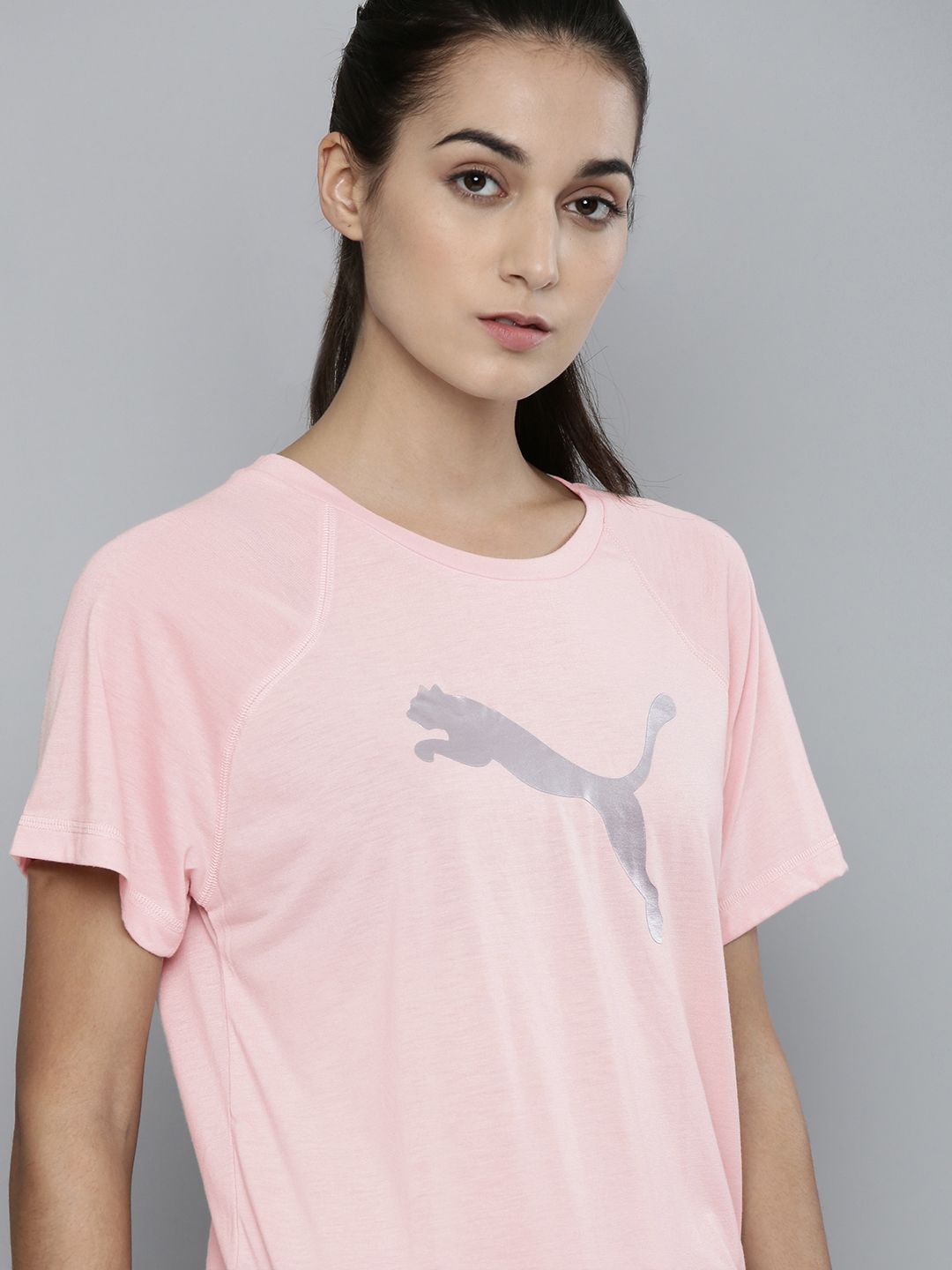 Puma Women Pink Brand Logo dryCELL Evostripe Printed T-shirt Price in India