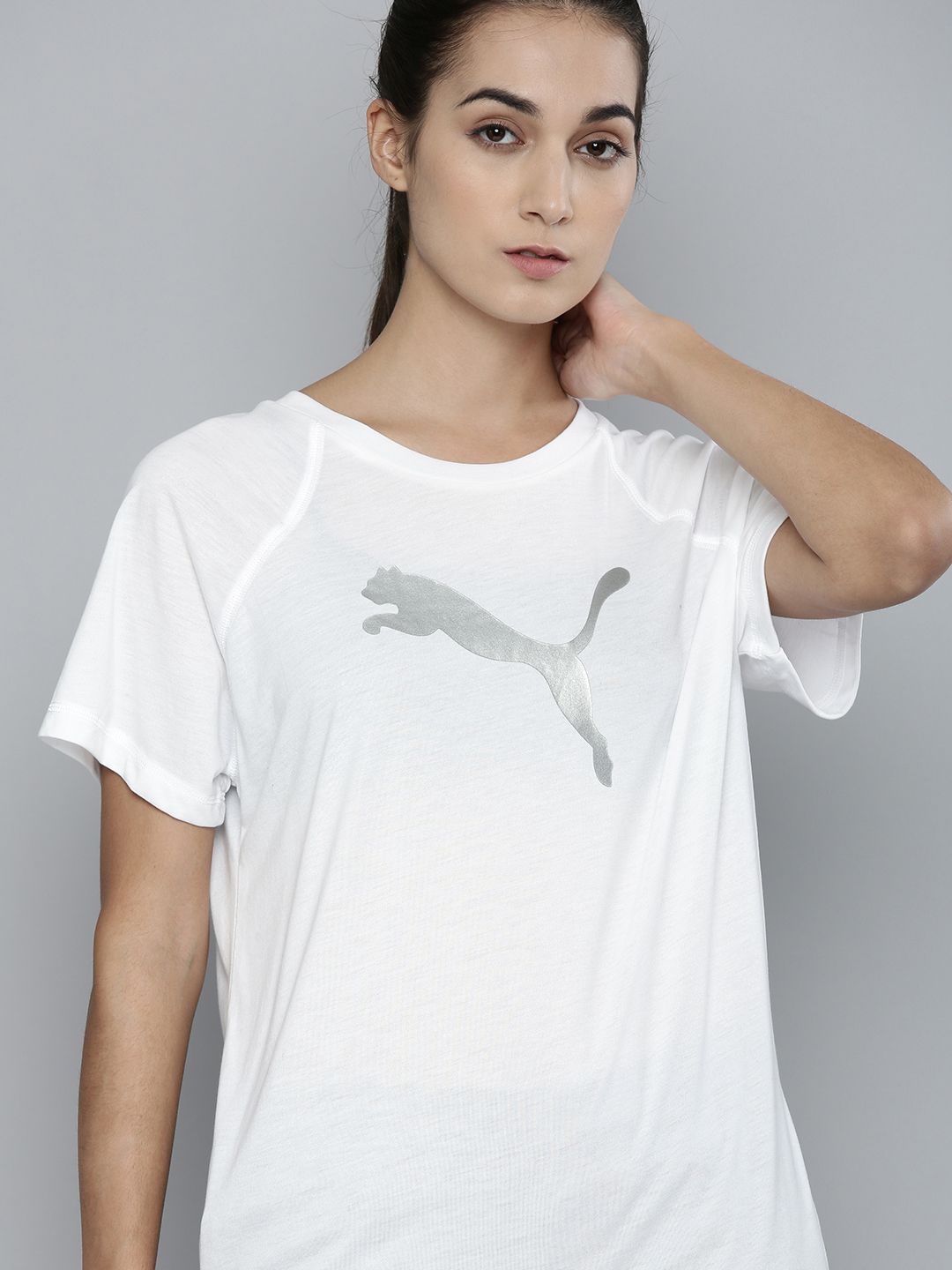 Puma Women White Brand Logo dryCELL Evostripe Printed T-shirt Price in India