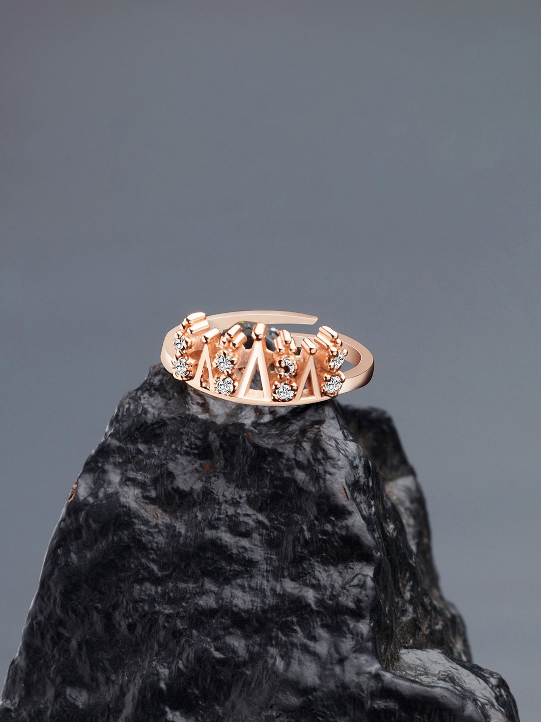 AMI Rose Gold-Plated White CZ-Studded Contemporary Crown Adjustable Finger Ring Price in India