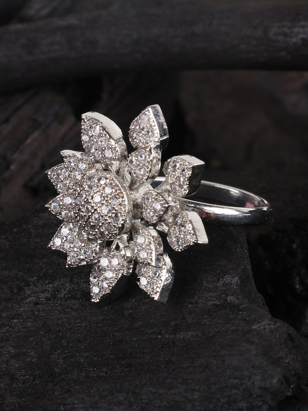 JEWELS GEHNA Silver-Plated White AD-Studded Handcrafted Adjustable Finger Ring Price in India