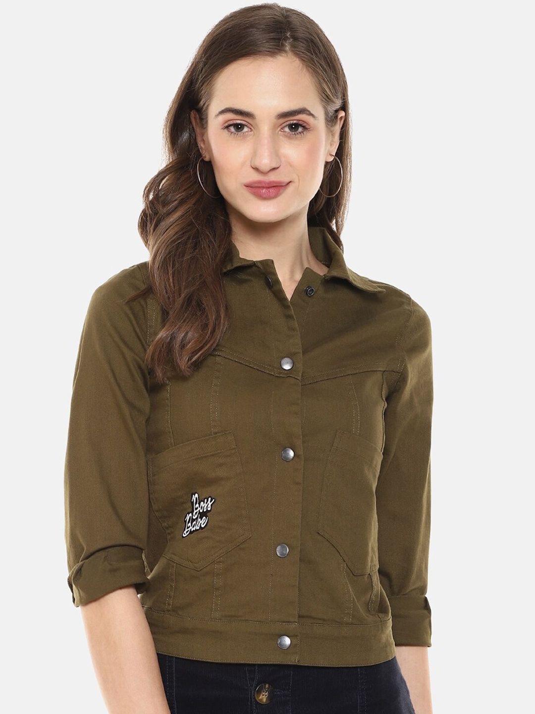 Campus Sutra Women Olive Green Windcheater Denim Jacket with Embroidered Detail Price in India