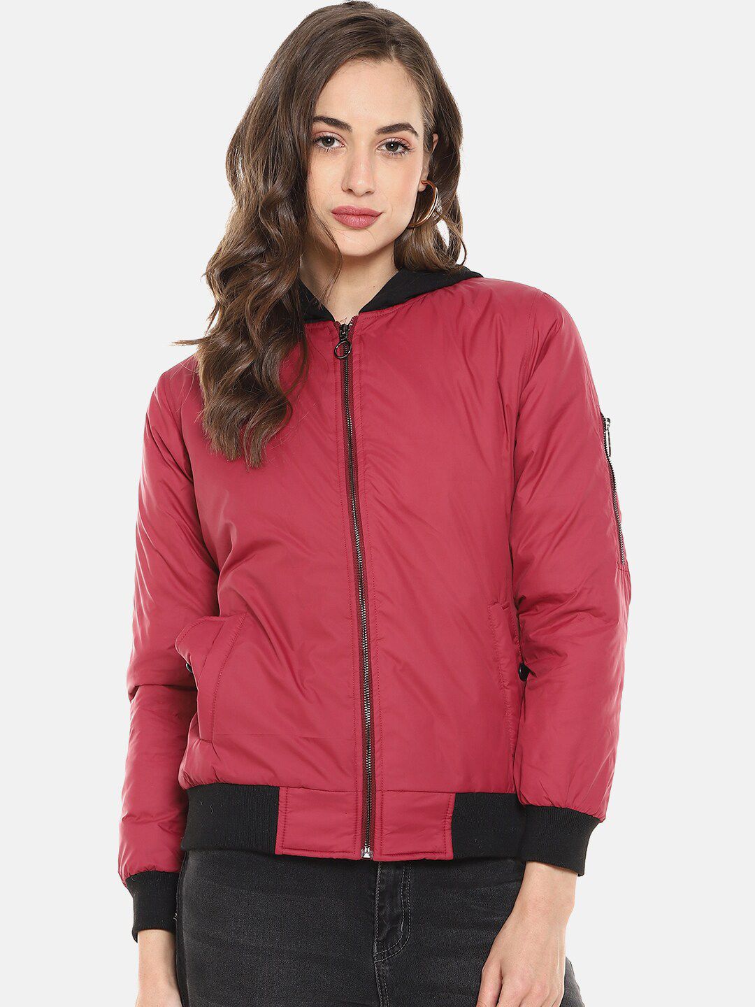Campus Sutra Women Red & Black Windcheater Bomber Jacket Price in India