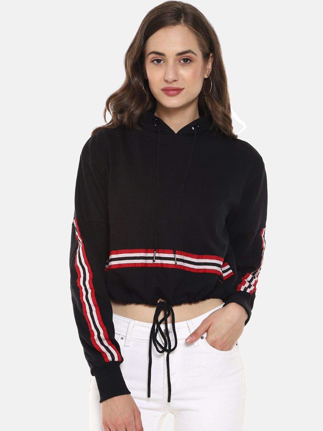 Campus Sutra Women Black & Red Striped Cotton Hooded Sweatshirt Price in India