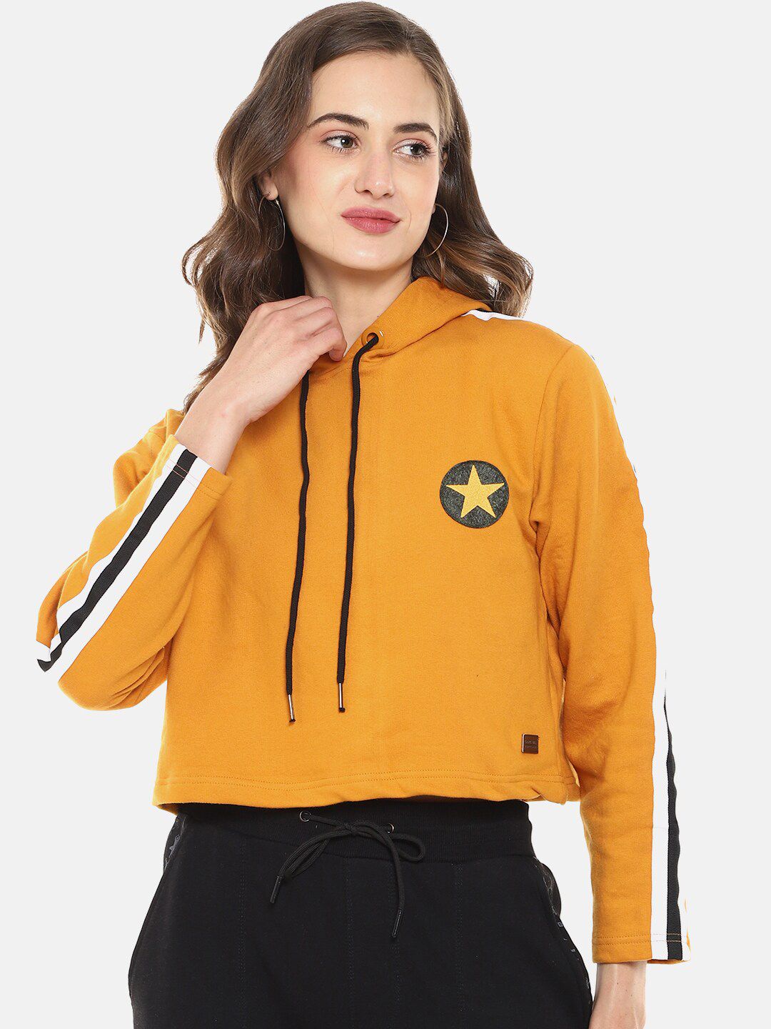 Campus Sutra Women Yellow Side Striped Hooded Sweatshirt Price in India