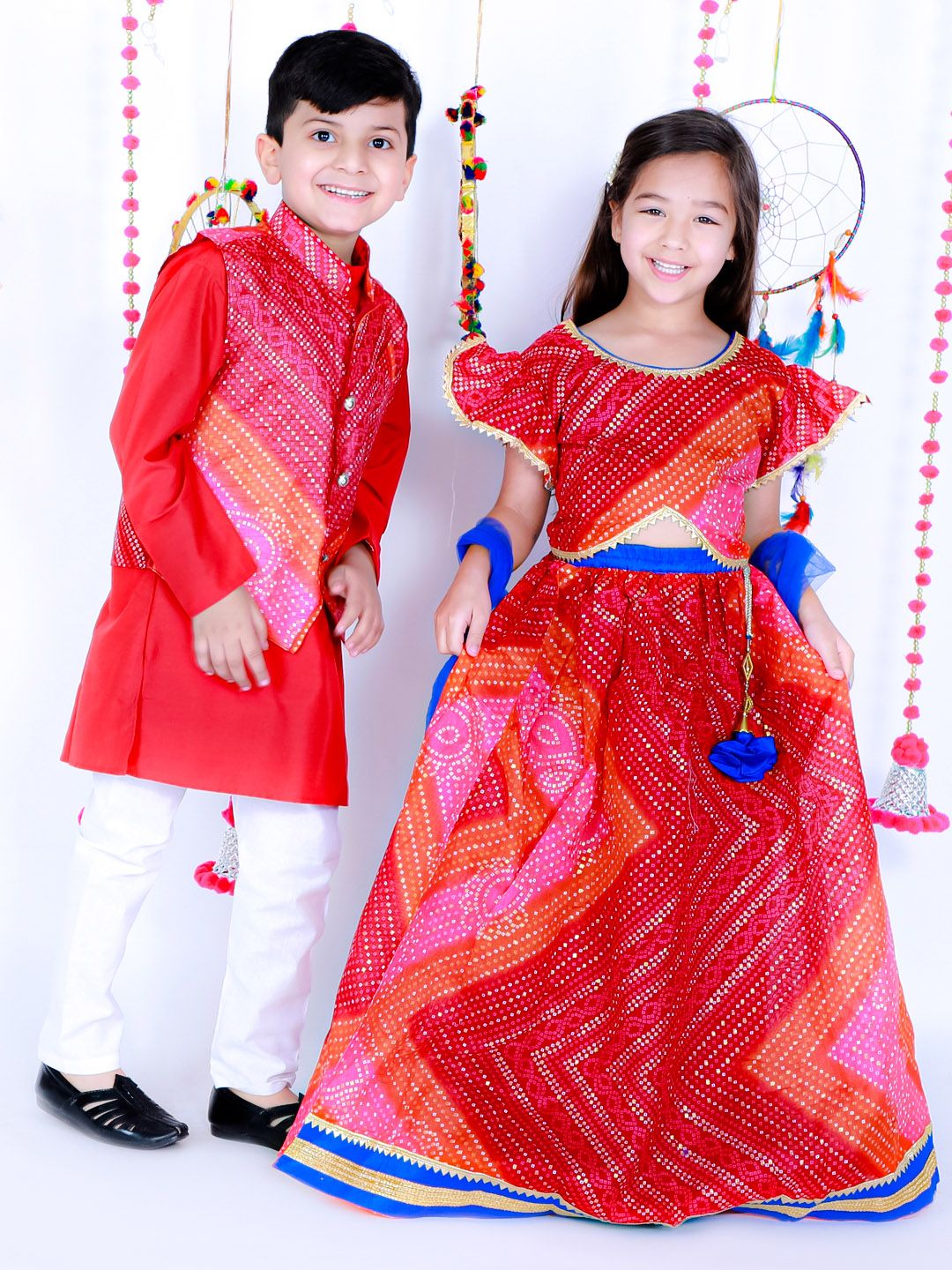 KID1 Girls Red & Blue Printed Ready to Wear Lehenga & Blouse With Dupatta