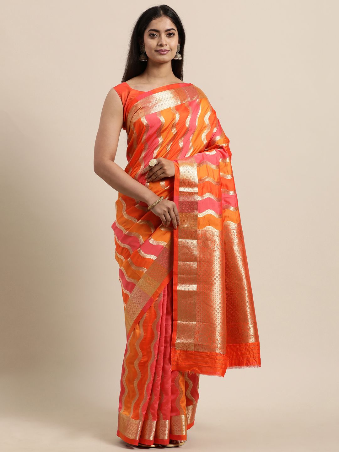 Mitera Orange & Golden Woven Design Jacquard Poly Silk Banarasi Saree Price in India