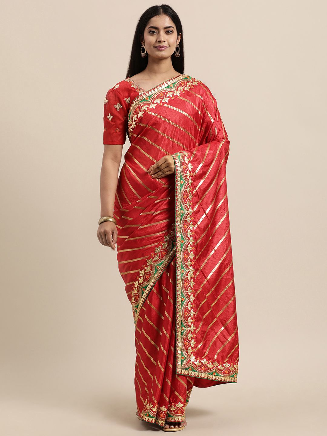 Mitera Red & Gold-Toned Leheriya Foil Printed Poly Silk Saree Price in India