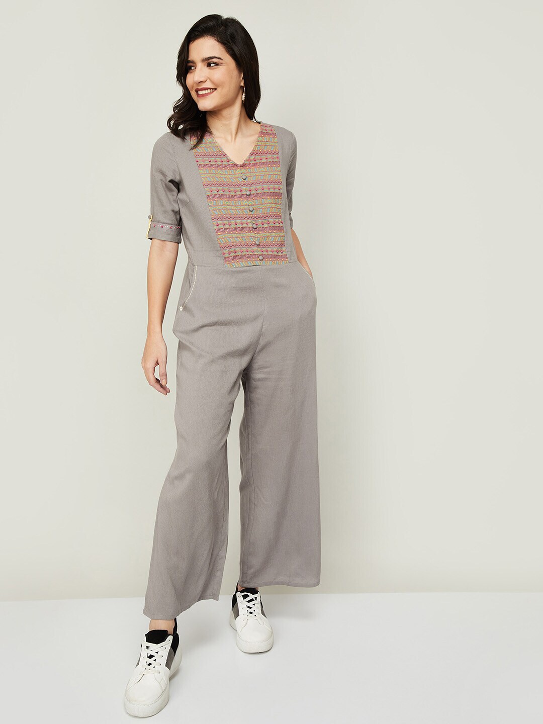 Colour Me by Melange Grey & Red Printed Basic Jumpsuit Price in India
