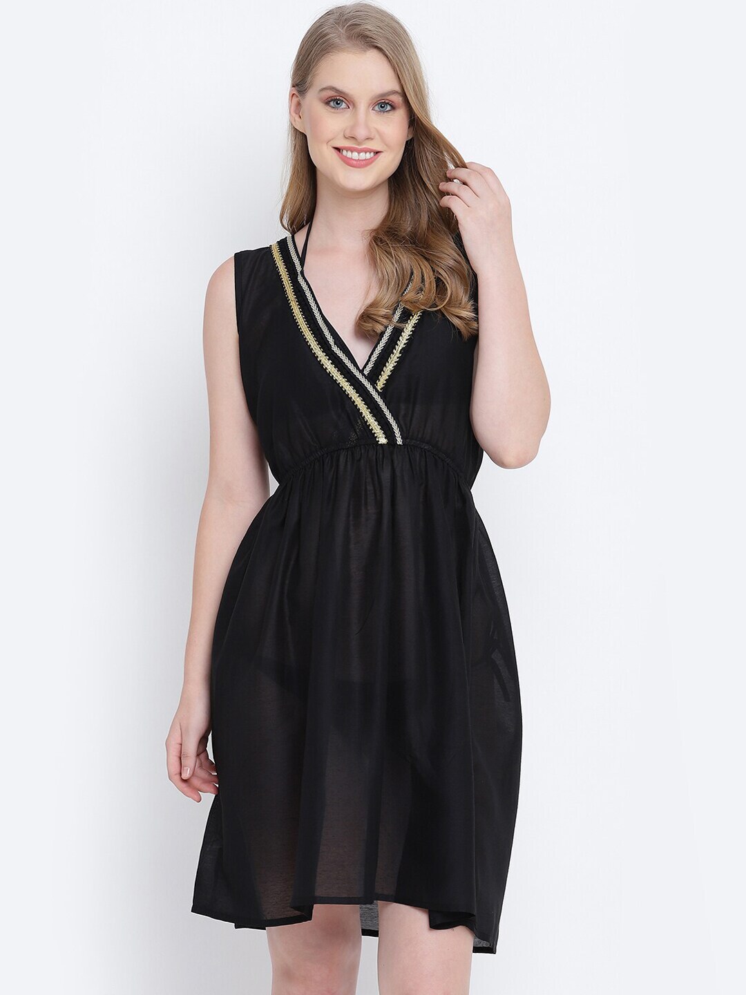 Oxolloxo Women Black & Beige Lace design beachwear Dress Price in India