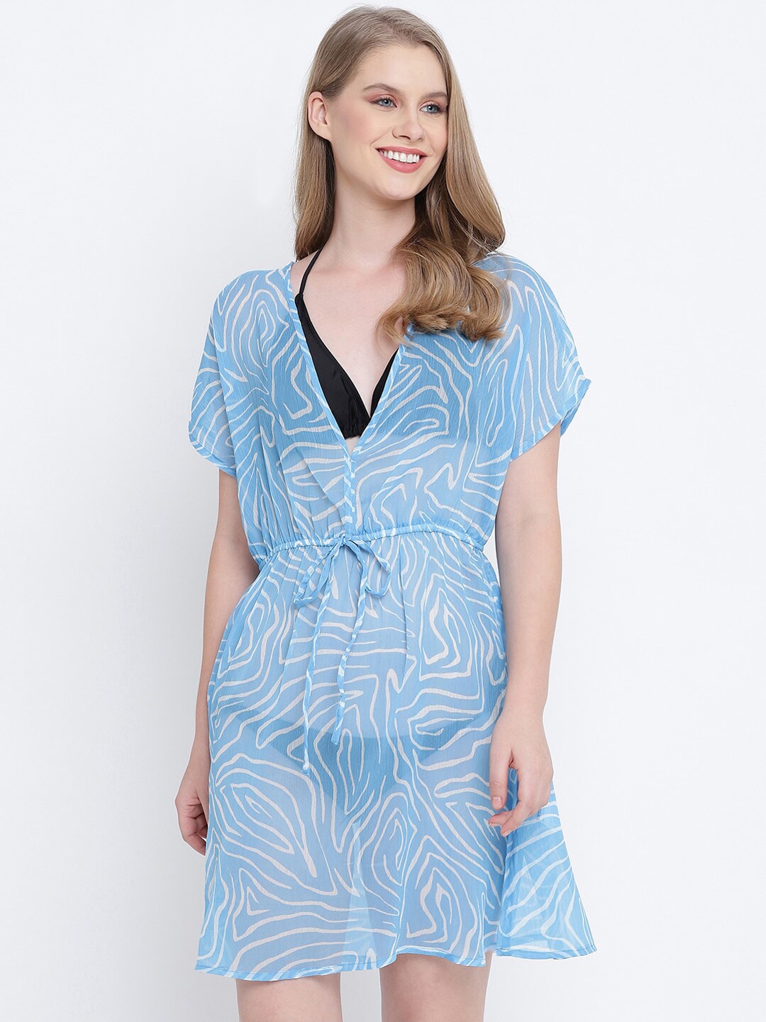 Oxolloxo Women Blue & White Printed Cover-Up Dress Price in India