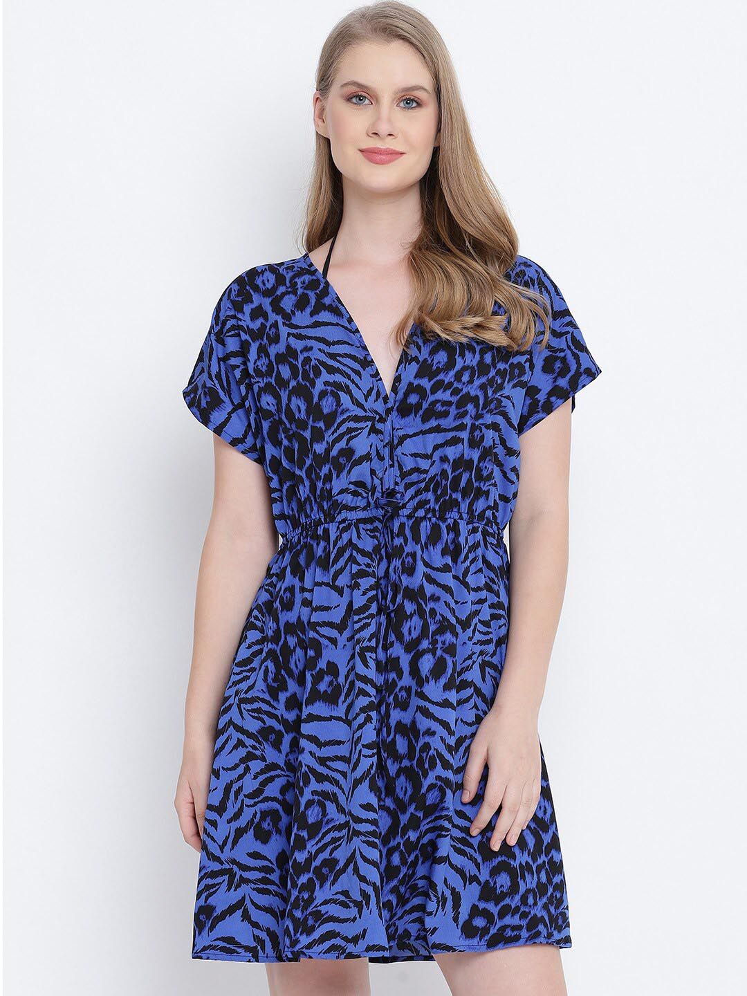 Oxolloxo Women Blue & Black Printed Kaftan Cover-Up Dress Price in India