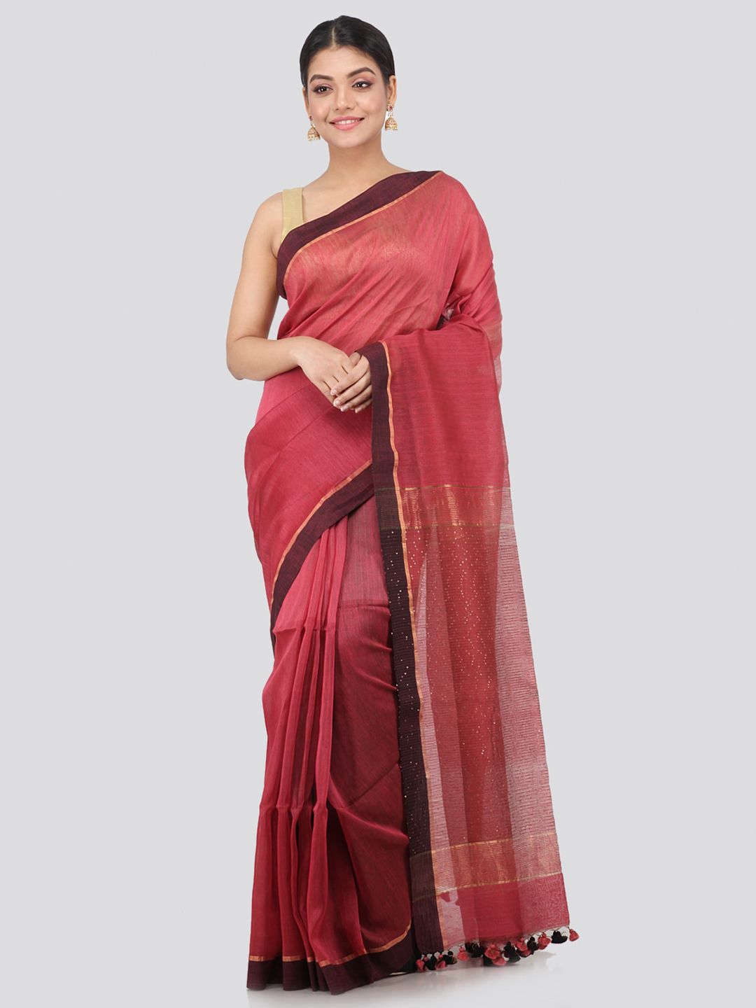 PinkLoom Multicoloured Pure Linen Handloom Saree