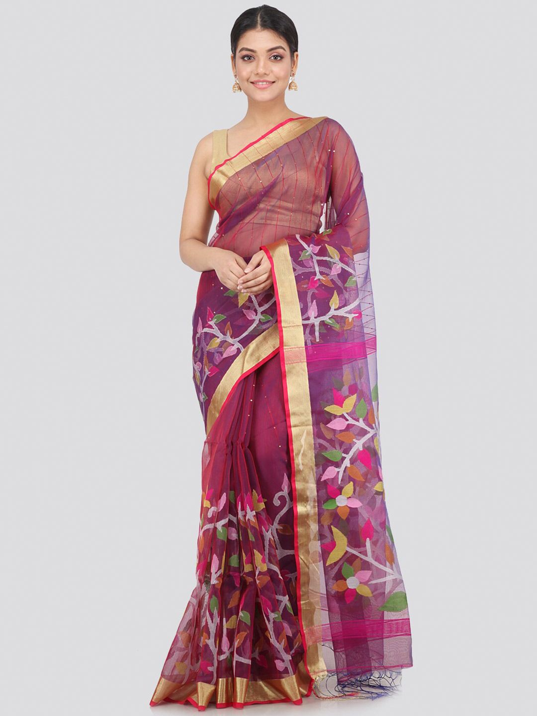 PinkLoom Purple & Gold-Toned Woven Design Silk Blend Handloom Sustainable Saree Price in India