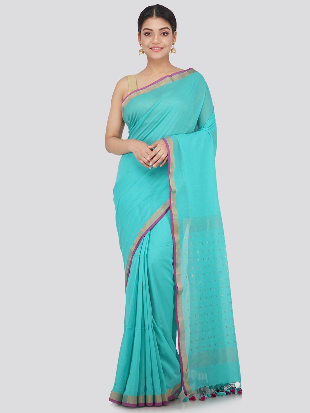 PinkLoom Turquoise Blue & Gold-Toned Woven Design Pure Cotton Handloom Saree