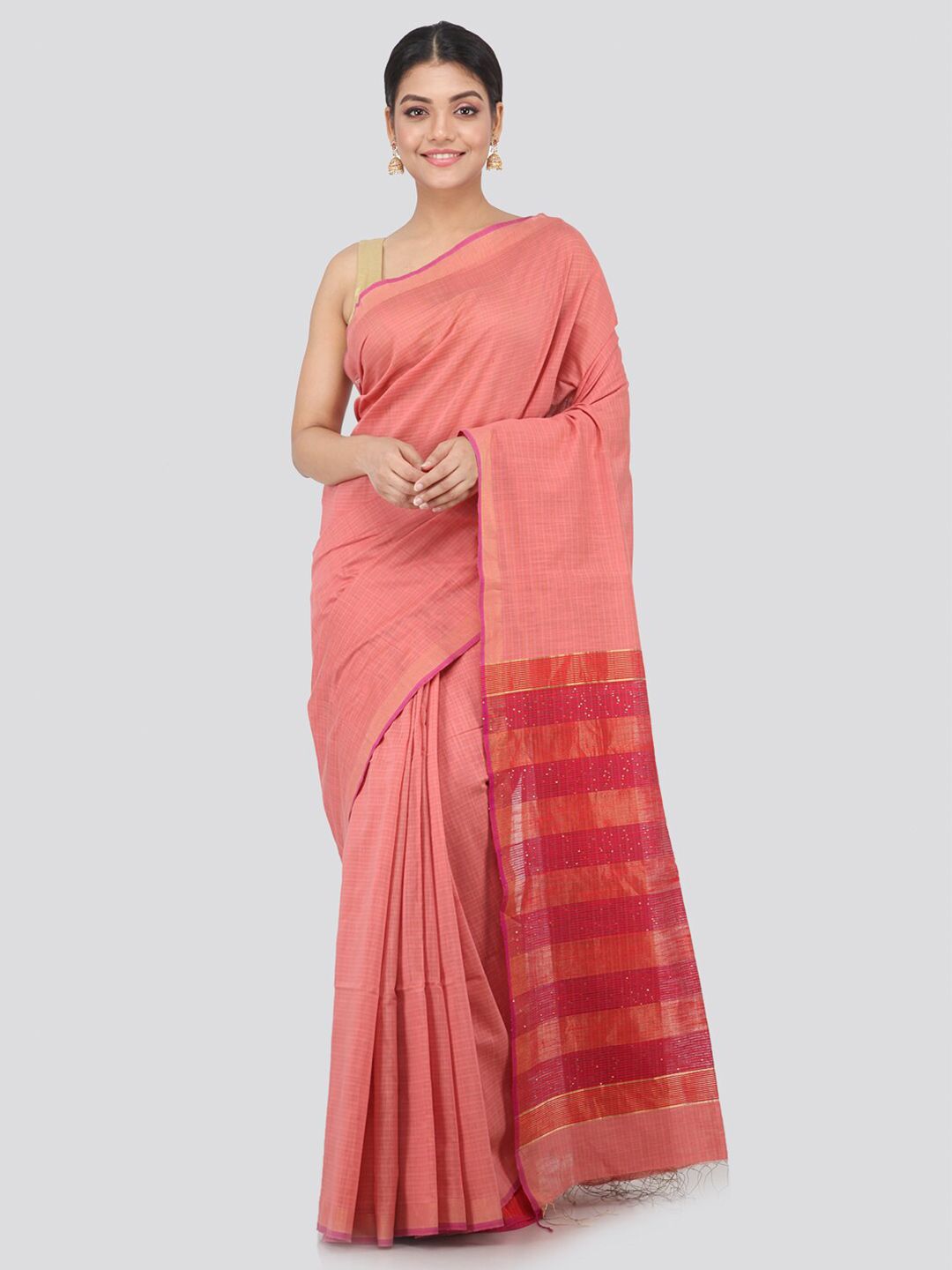 PinkLoom Pink & Red Silk Cotton Handloom Saree
