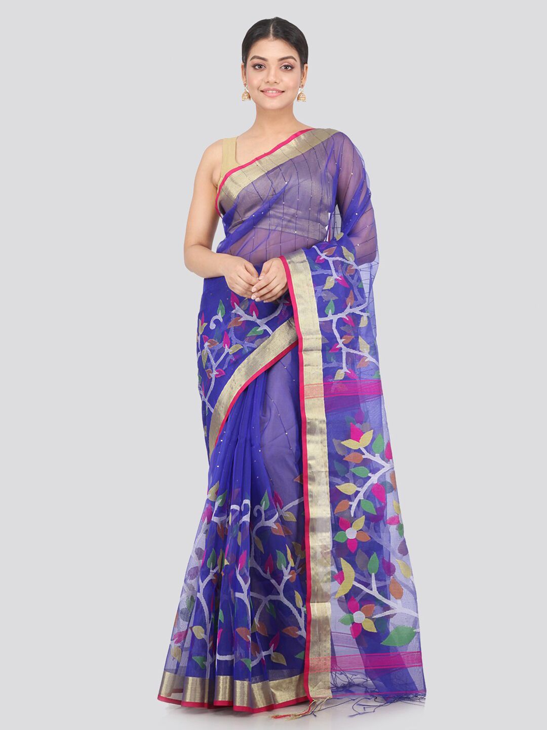 PinkLoom Blue & Pink Woven Design Silk Blend Sustainable Saree Price in India