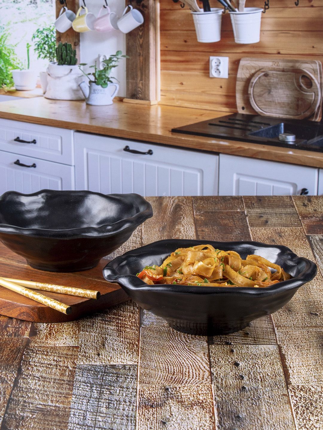 GOODHOMES Set Of 2 Black Solid Melamine Stone Big Serving Bowls Price in India