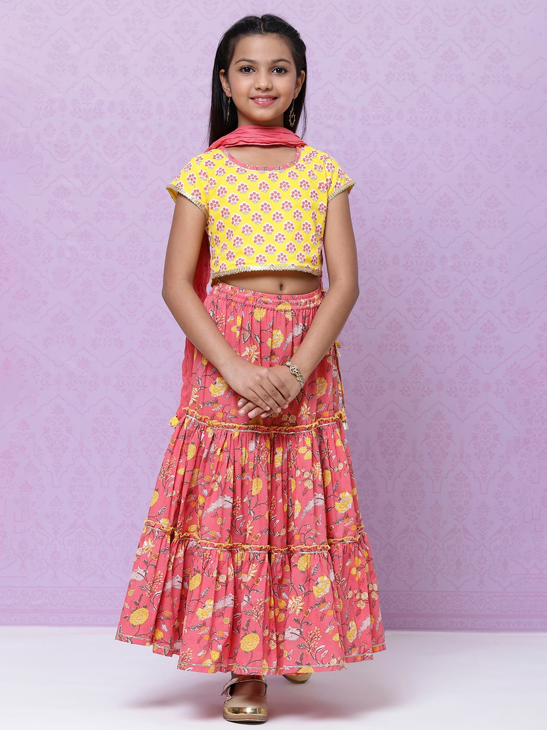 Biba Girls Peach-Coloured & Yellow Printed Cotton Ready to Wear Lehenga Choli & Dupatta Price in India