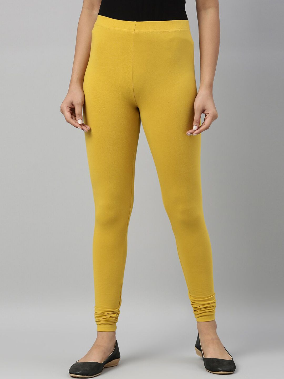 Go Colors Women Yellow Solid Churidar-Length Cotton Leggings Price in India