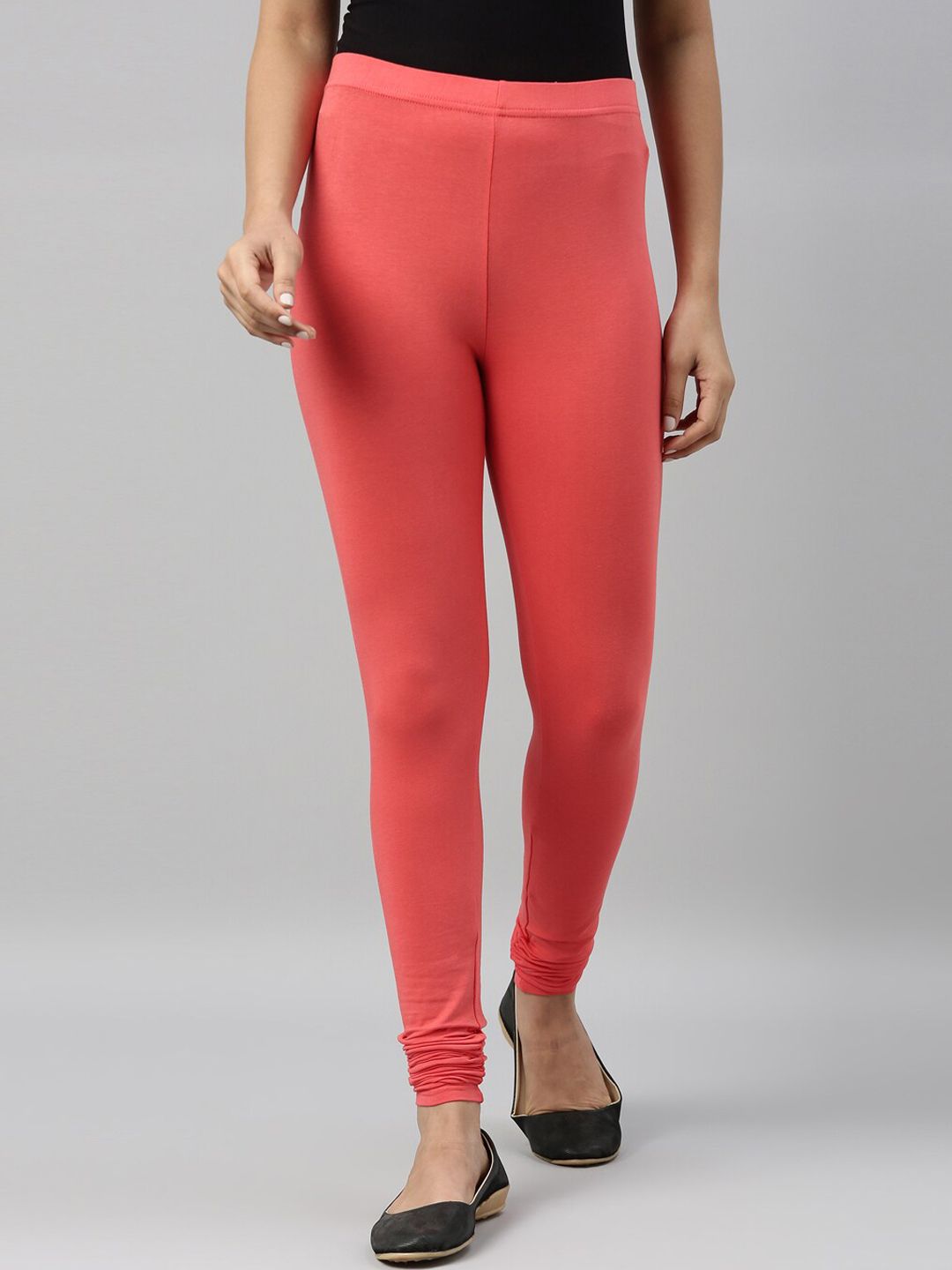 Go Colors Women Coral Red Solid Churidar-Length Cotton Leggings Price in India