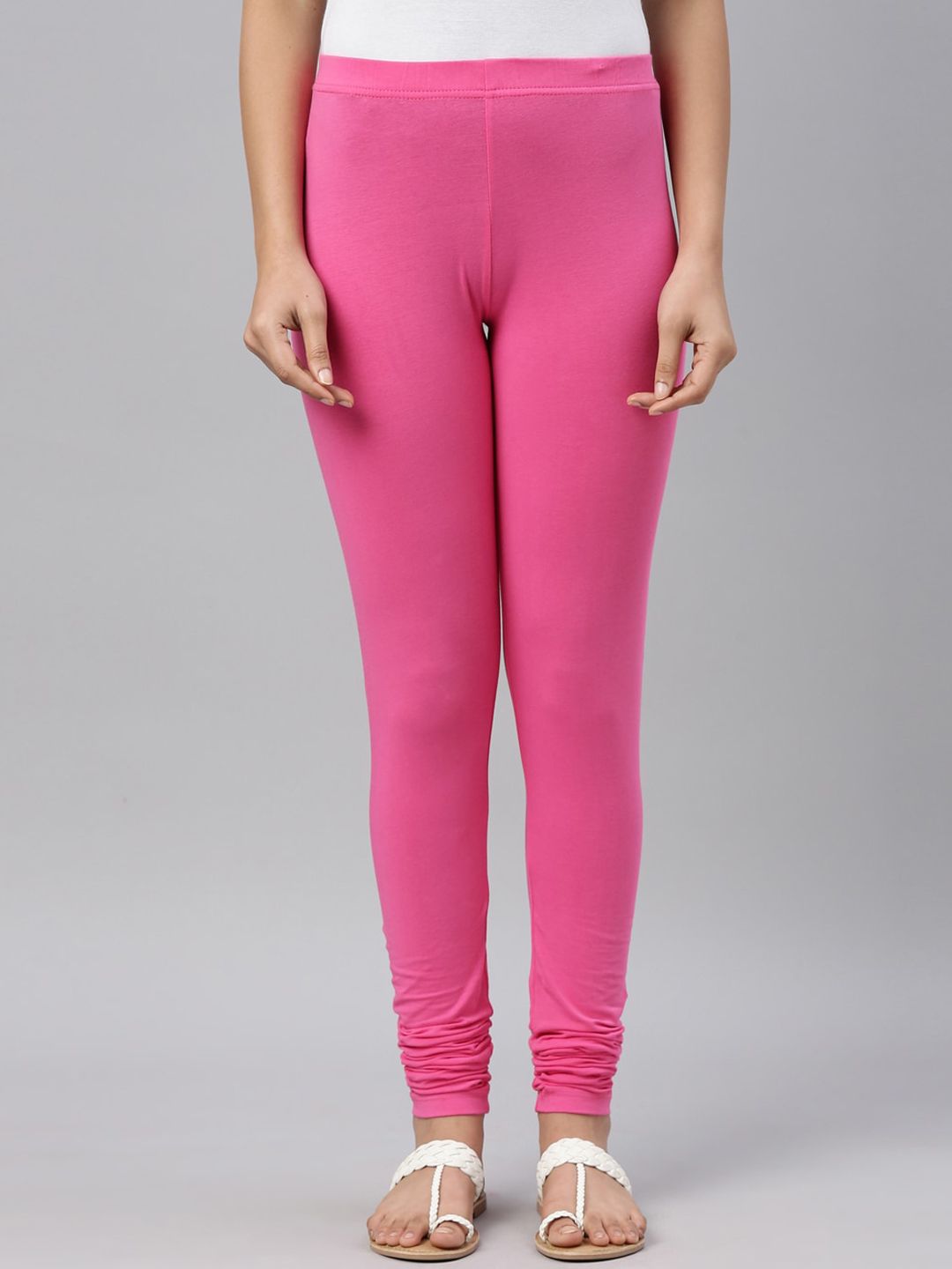 Go Colors Women Pink Solid Churidar-Length Cotton Leggings Price in India