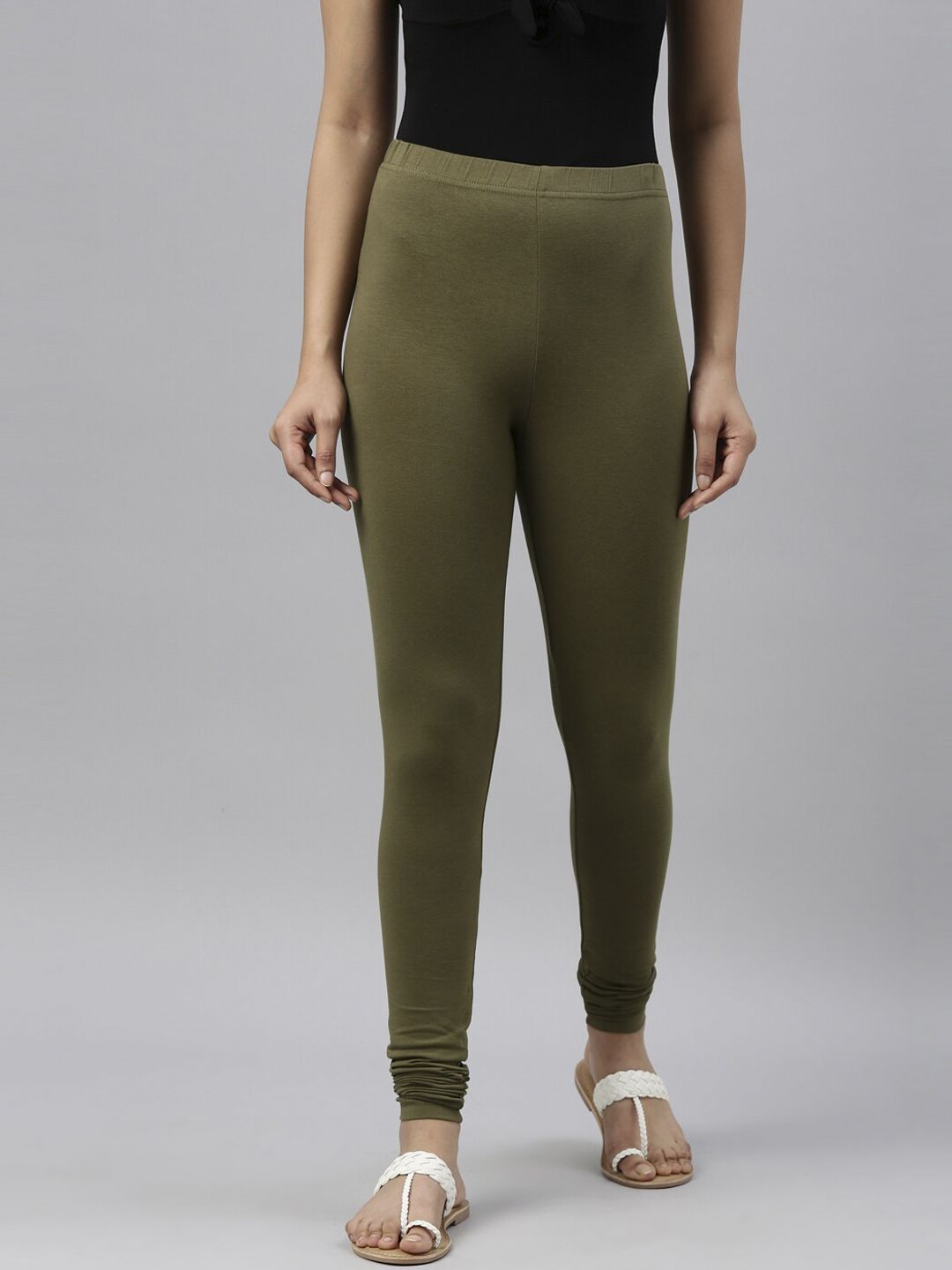Go Colors Women Olive GreenSolid Churidar-Length Leggings Price in India