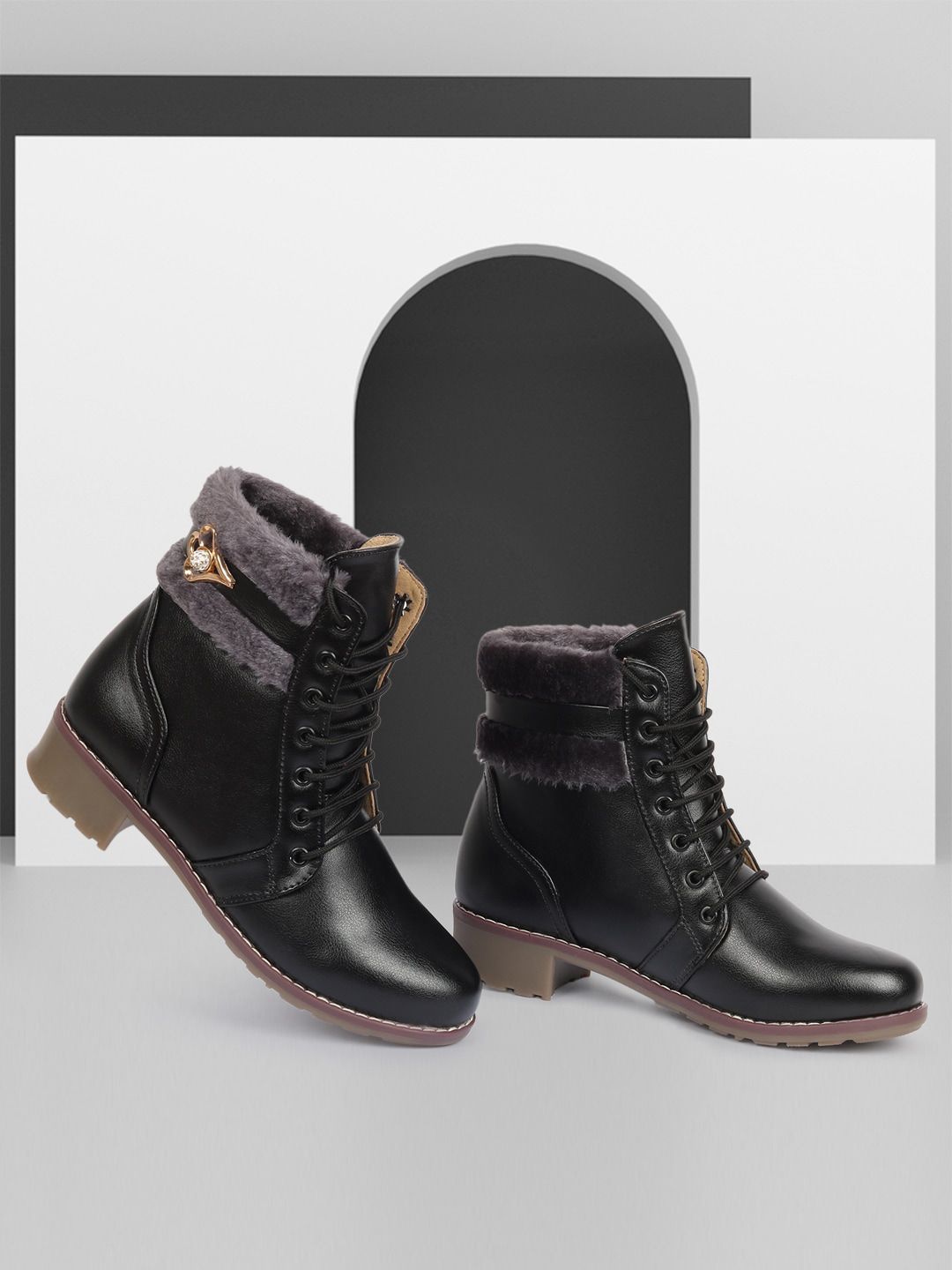 ZAPATOZ Women Black & Grey PU Fur Block Heeled Boots Price in India