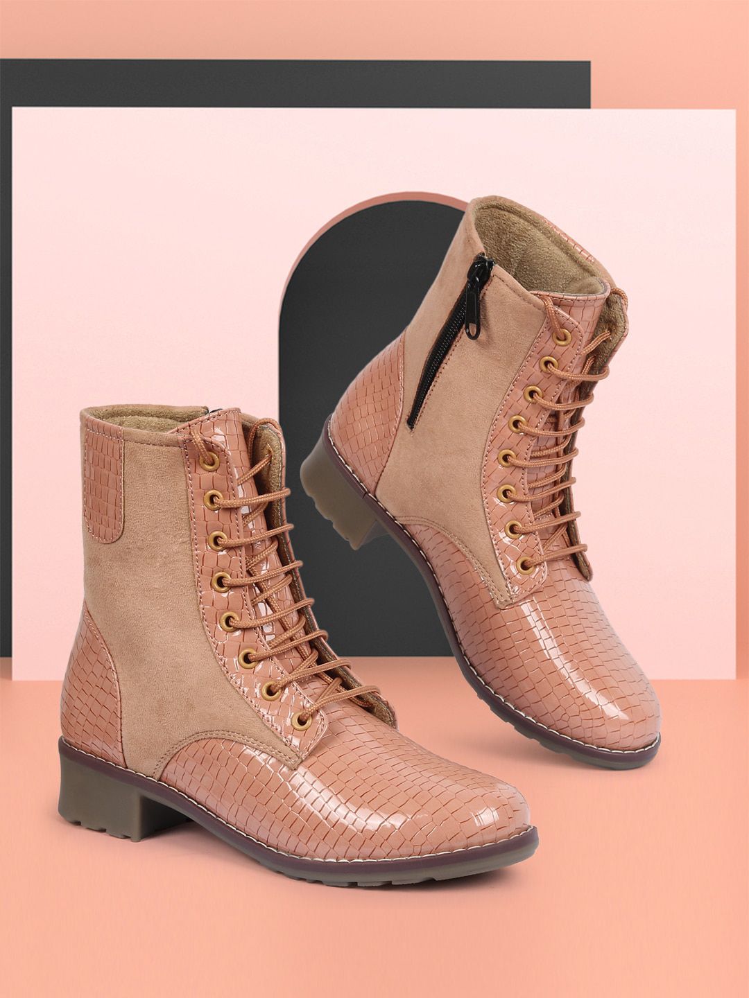 ZAPATOZ Women Peach-Coloured Textured PU Block Heeled Boots Price in India