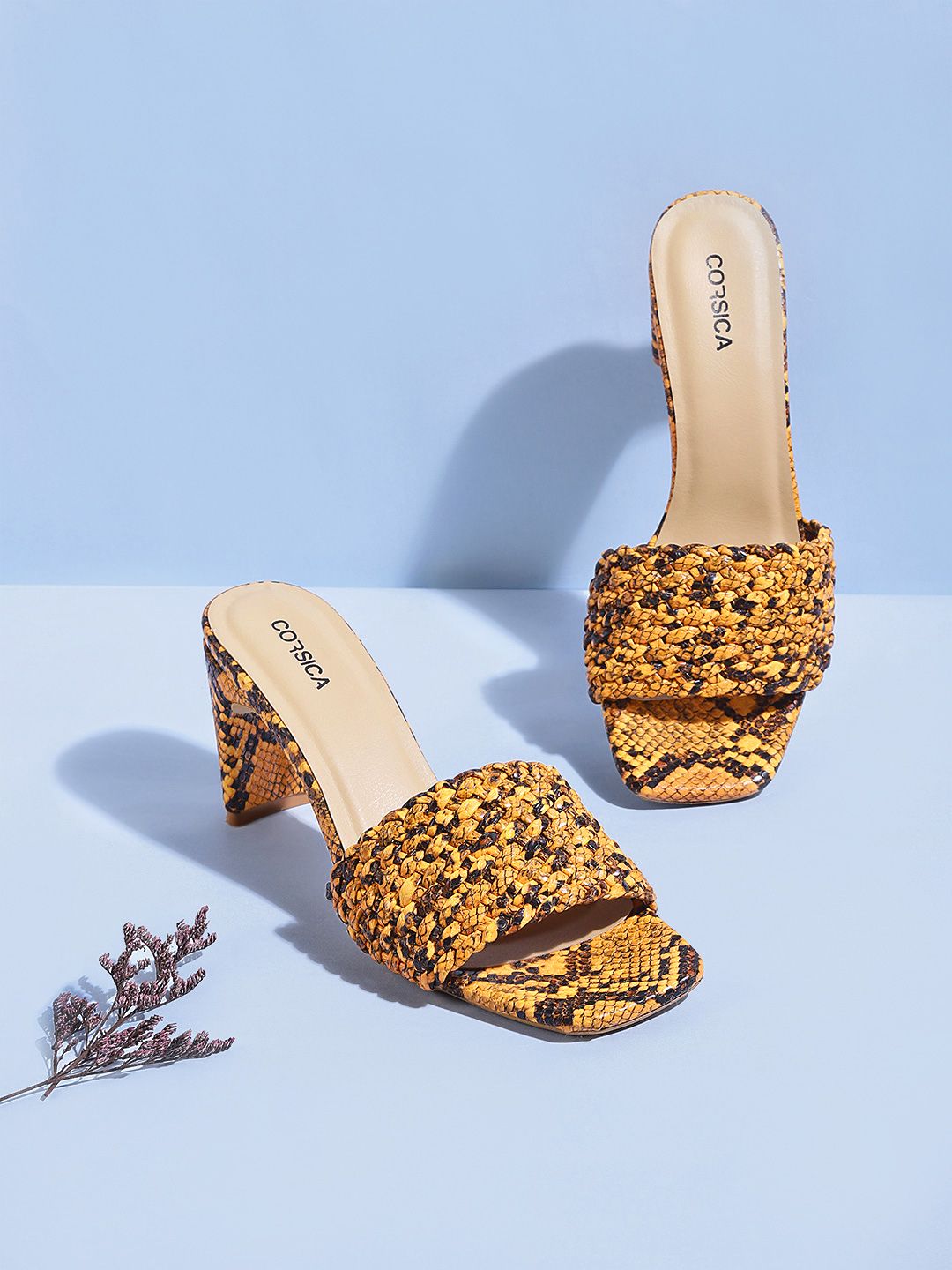 CORSICA Women Mustard Yellow & Brown Snake Textured Block Heels with Braided Detail Price in India