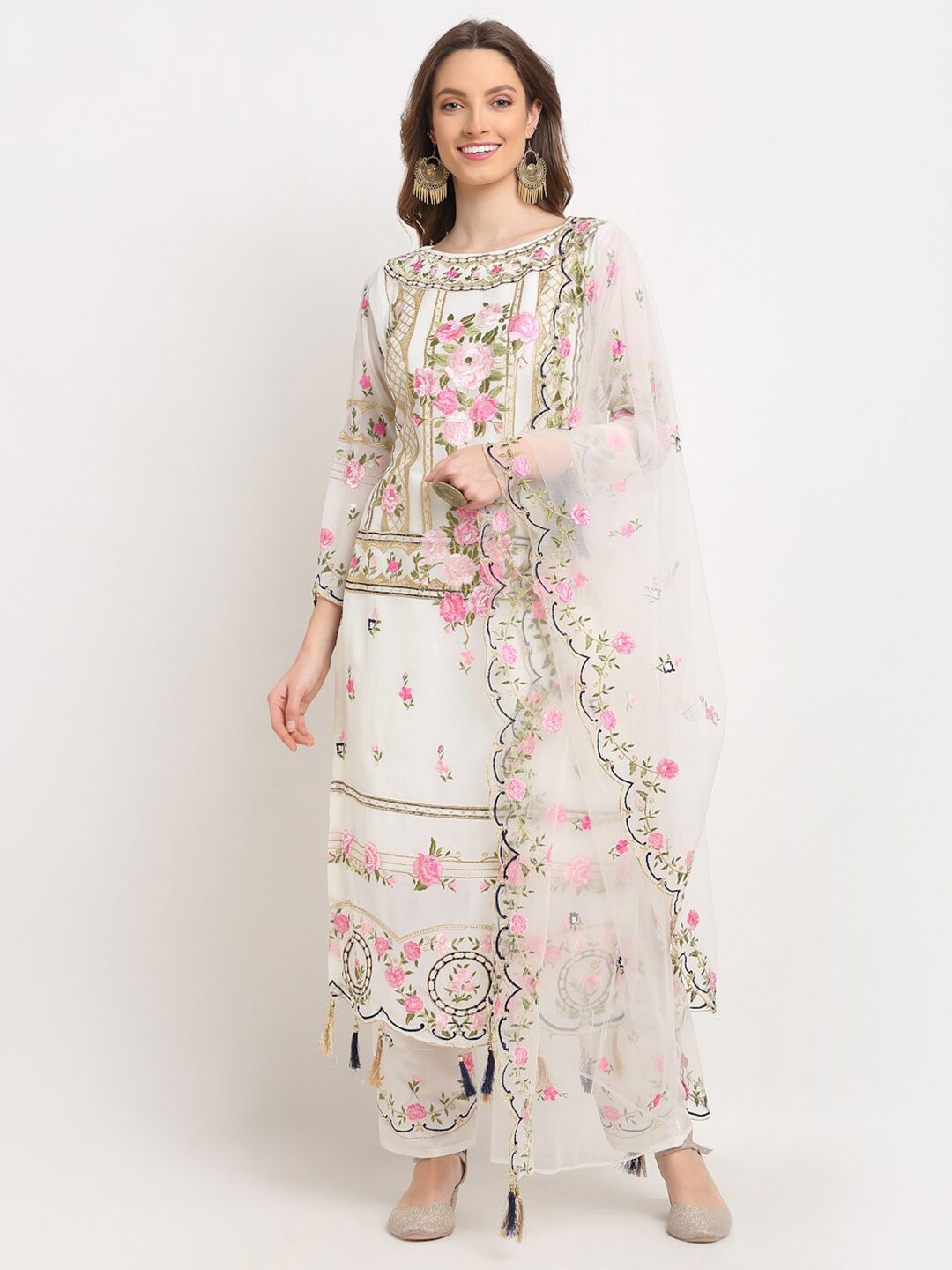 Stylee LIFESTYLE Cream-Coloured & Pink Floral Embroidered Unstitched Dress Material Price in India