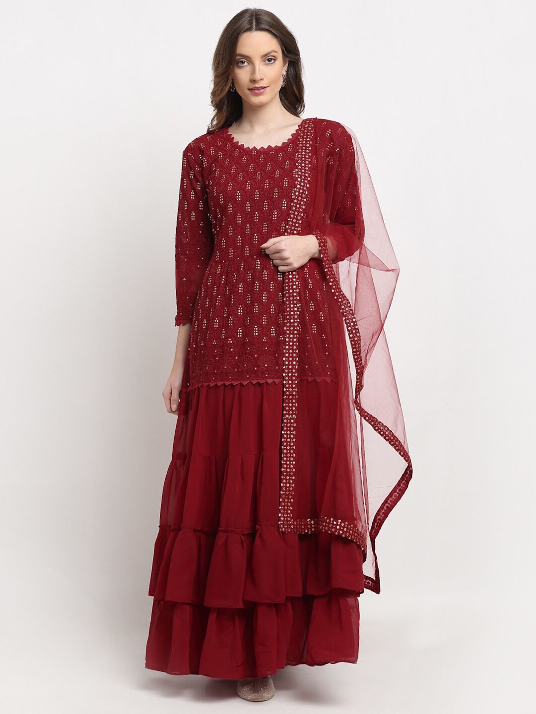 Stylee LIFESTYLE Maroon & Gold-Toned Embroidered Semi-Stitched Dress Material