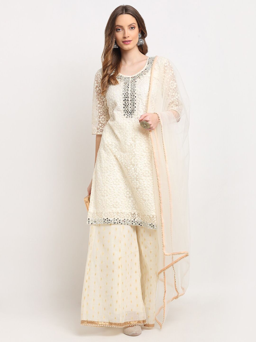 Stylee LIFESTYLE Cream-Coloured & Silver-Toned Embroidered Semi-Stitched Dress Material Price in India