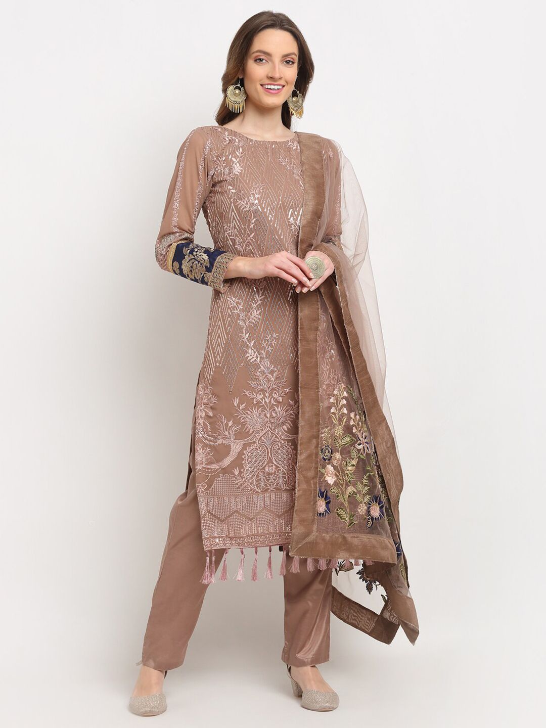 Stylee LIFESTYLE Brown & Green Embroidered Semi-Stitched Dress Material Price in India