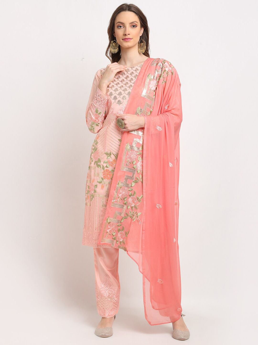 Stylee LIFESTYLE Pink & Peach-Coloured Embroidered Semi-Stitched Dress Material Price in India