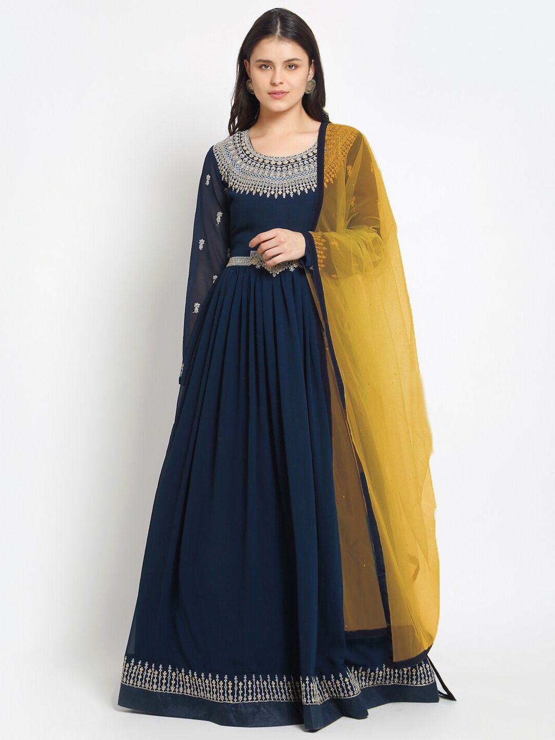 Stylee LIFESTYLE Navy Blue & Yellow Embroidered Semi-Stitched Dress Material Price in India