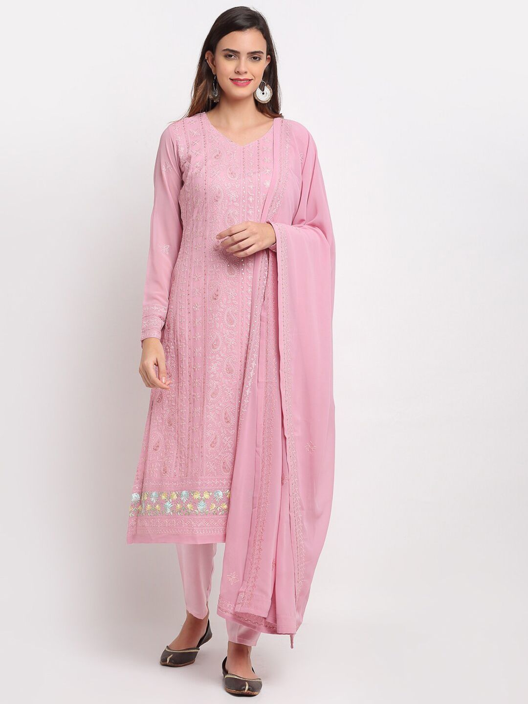 Stylee LIFESTYLE Pink & Sea Green Embroidered Semi-Stitched Dress Material Price in India