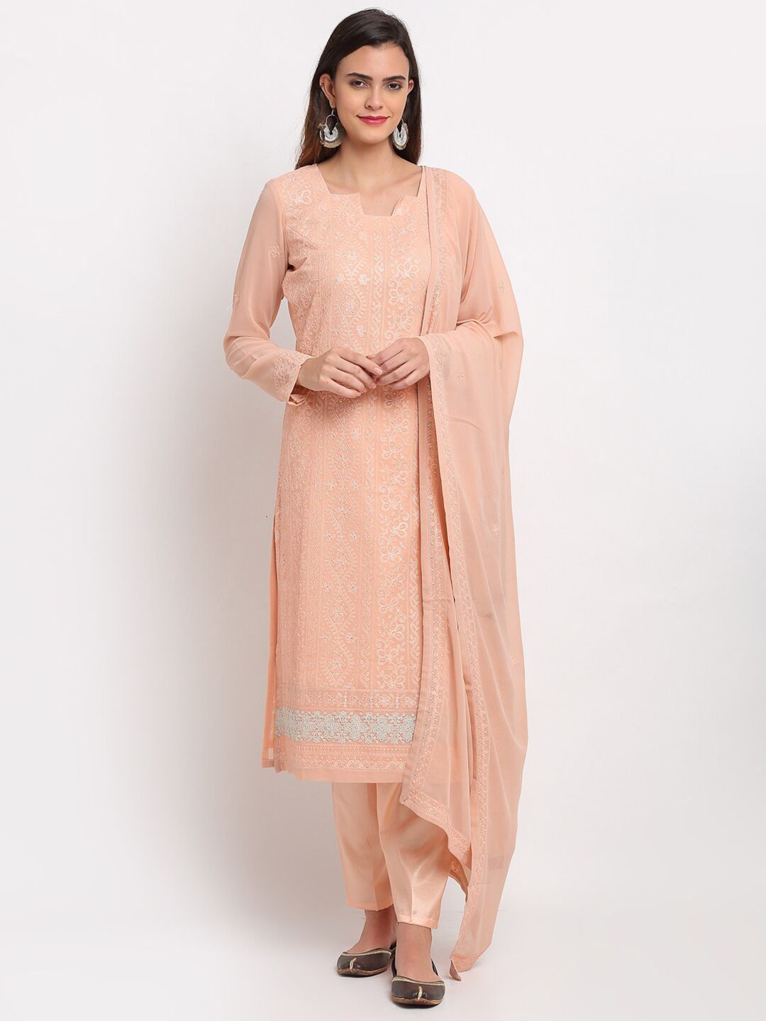 Stylee LIFESTYLE Peach-Coloured & Grey Embroidered Semi-Stitched Dress Material Price in India