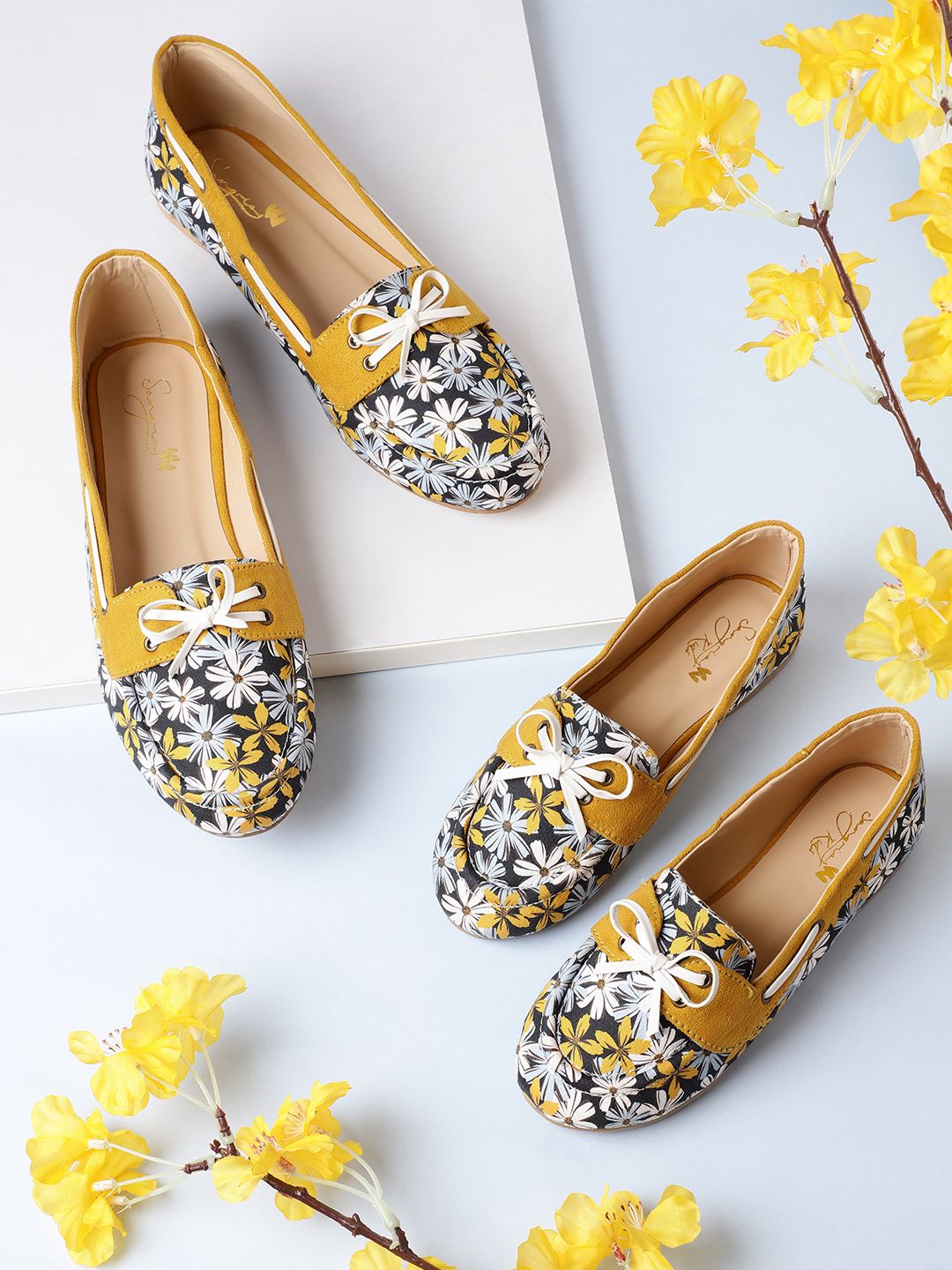 Sangria Women Mustard Yellow & Blue Floral Print Boat Shoes Price in India