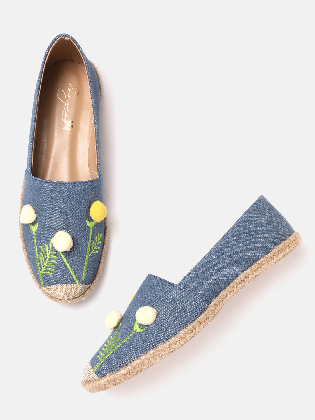 Sangria Women Blue & Green Embroidered Espadrilles with Pom-Pom Detail Price in India
