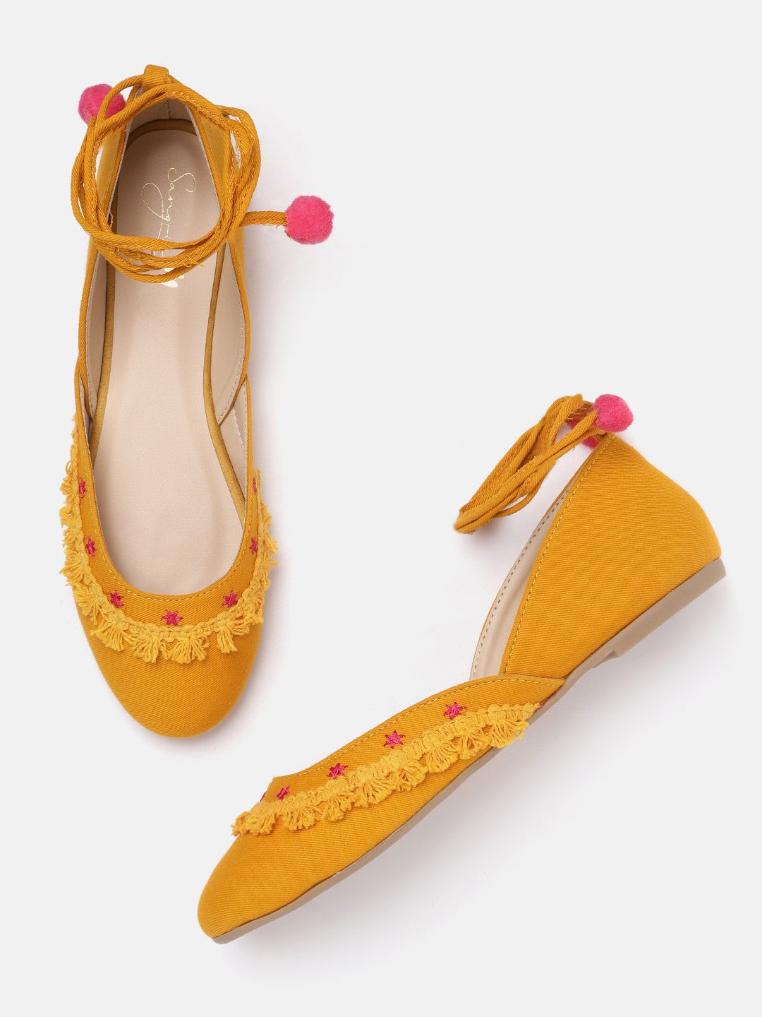 Sangria Women Mustard Yellow & Pink Solid Ballerinas with Embroidered Detail Price in India