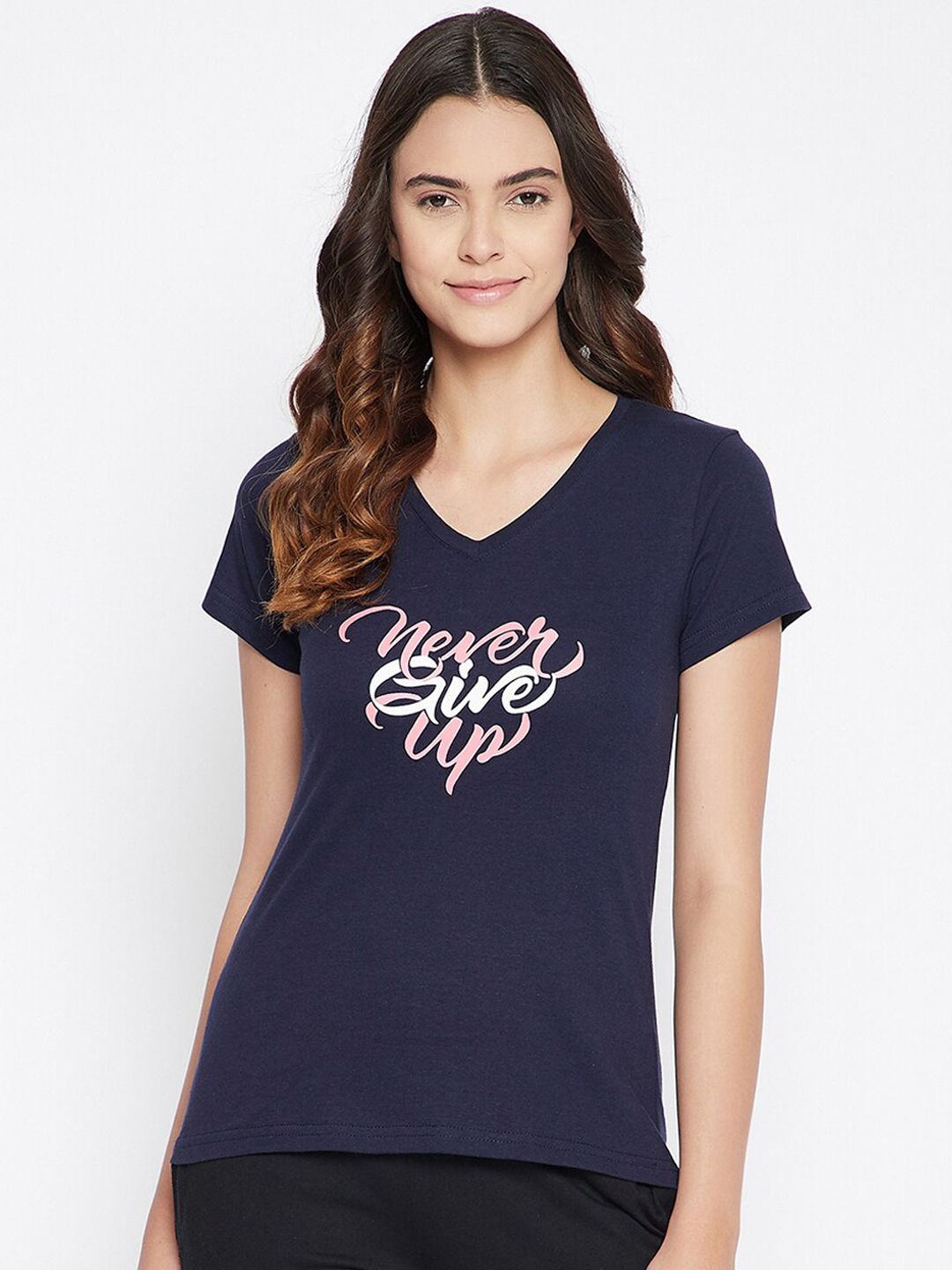 Clovia Women Navy Blue & Pink Printed Cotton Lounge T-Shirt Price in India