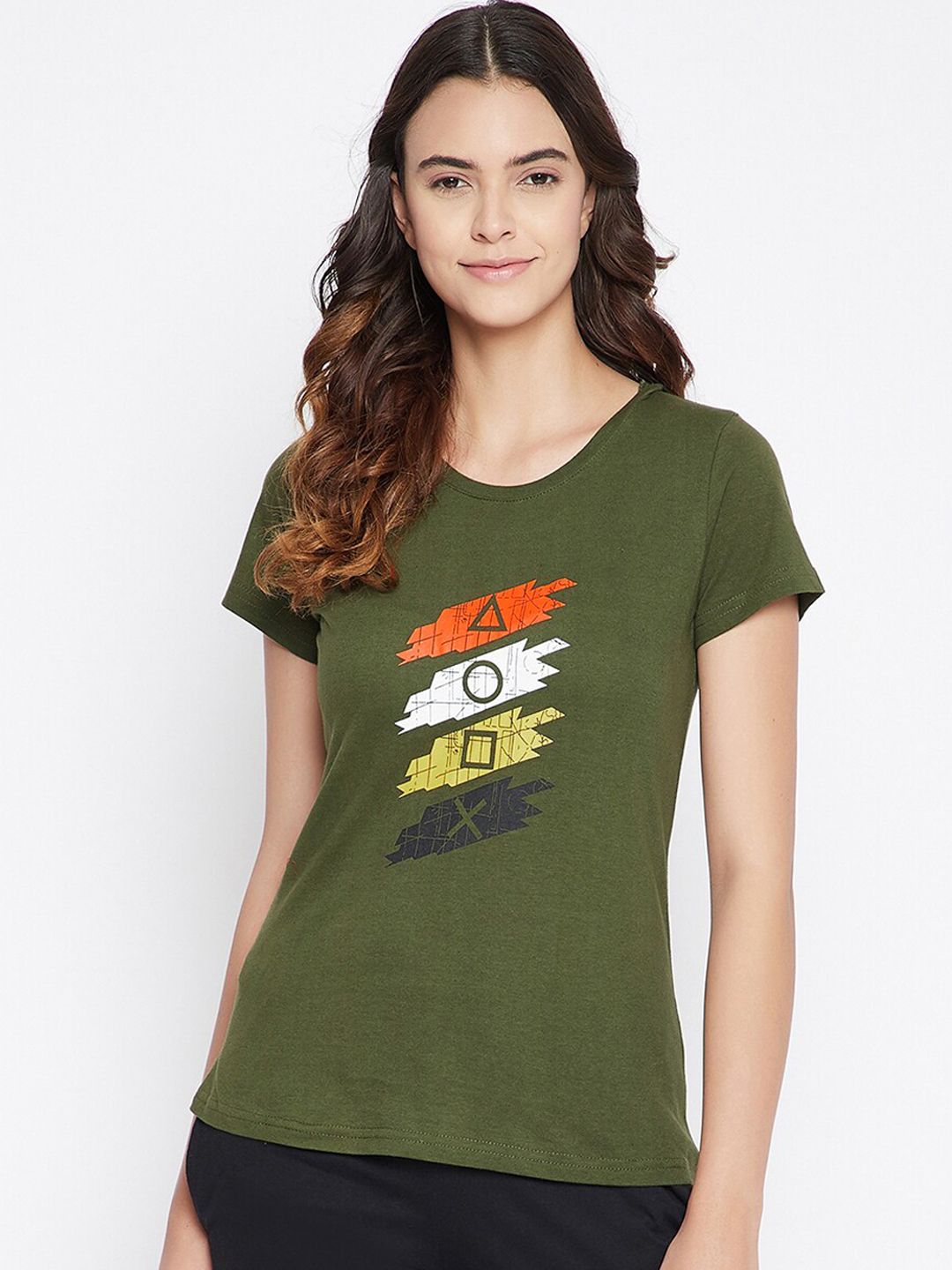 Clovia Women Olive Green & Orange Printed Cotton Lounge T-Shirt Price in India