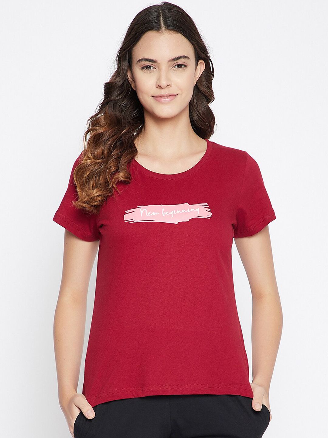 Clovia Women Maroon & Pink Printed Cotton Lounge T-Shirt Price in India