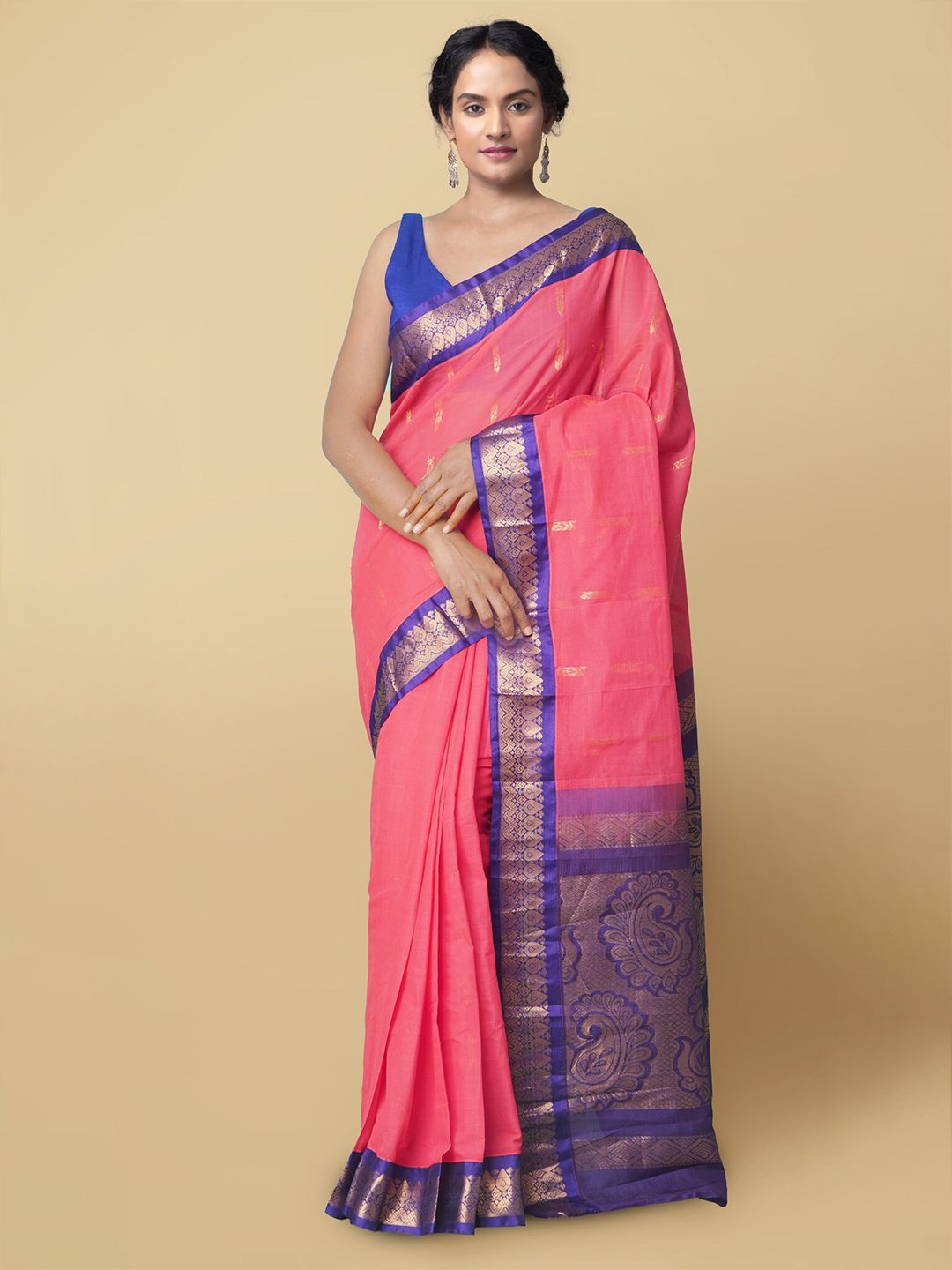 Unnati Silks Red & Blue Woven Design Zari Pure Cotton Gadwal Saree