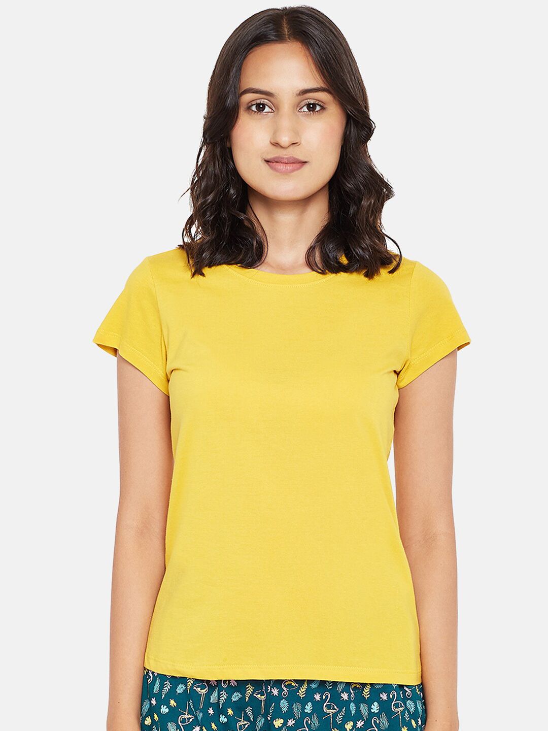 Dreamz by Pantaloons Women Yellow Solid Pure Cotton Regular Lounge tshirt Price in India