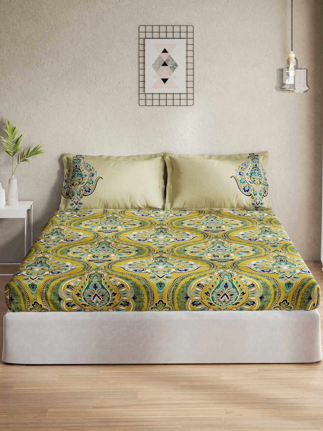 DDecor Yellow & Green Floral Printed 140 TC Queen Bedsheet with 2 Pillow Covers Price in India