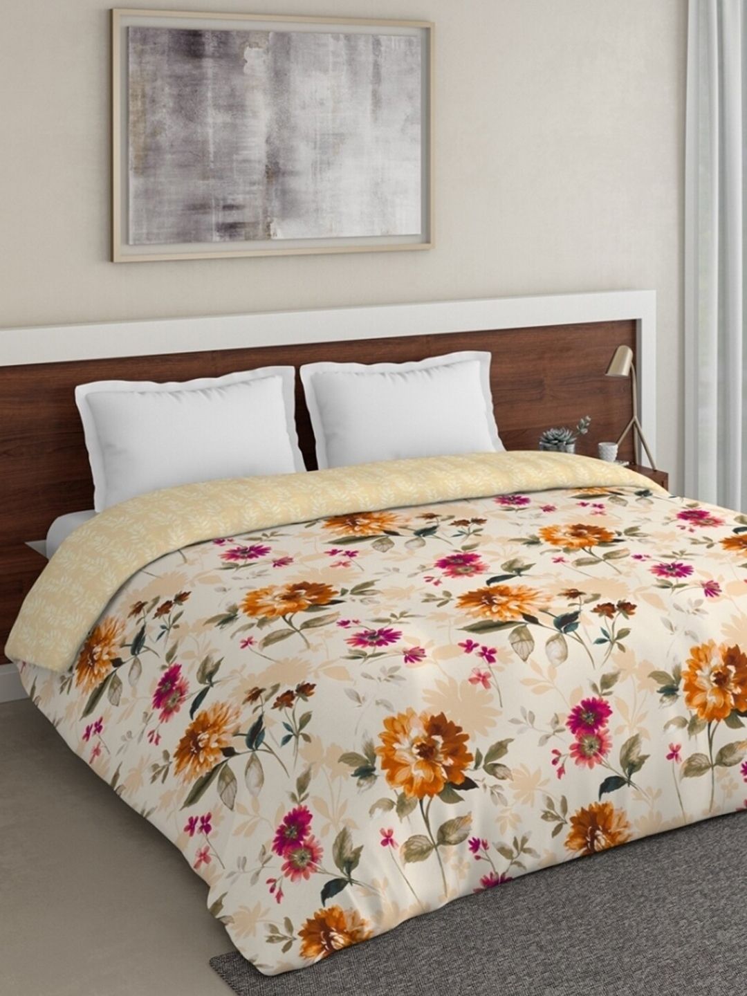 DDecor Cream-Coloured & Orange Floral Printed Mild Winter 210 GSM Double Bed Comforter Price in India